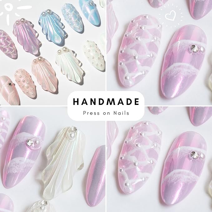 Sun&Beam Nails Handmade Press On Nail Medium Long Almond Oval Purple White Pearl Shell Fake Tip 3D Design Art Charms Cute with Storage Box 10 Pcs (Purple-L)
