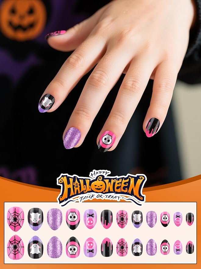 24Pcs Halloween Press on Nails, Fake Nails Full Cover Cute False Nails with Ghost Web Designs Pink Glossy Stick on Nails for Girls Kids with Nail Glue