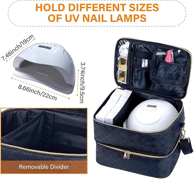 Nail Polish Organizer Case Holds 40 Bottles(15ml/0.5fl.oz) and Nail Lamp, Double Layer Nail Polish Storage with Adjustable Dividers,Portable Carrying Bag for Nail Kit, Manicure Tools Black