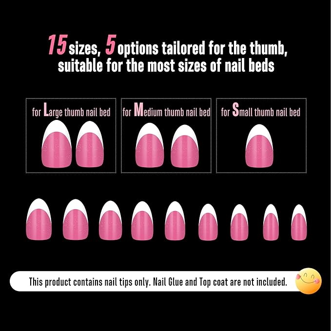 NOVO OVO White French Tip Almond Nail Tips Press on ROSE PINK, Extra Thick Medium Soft Gel Fake Nail Acrylic Extension, Need Builder Gel Top Coat, No Glue Included, for Salon DIY x 15 Sizes 240 pcs