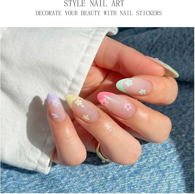 JMEOWIO Gel Nail Stickers Colorful Flower French Tip Semi Cured Gel Nail Strips Wraps UV/LED Nails Art Design Decoration Accessories