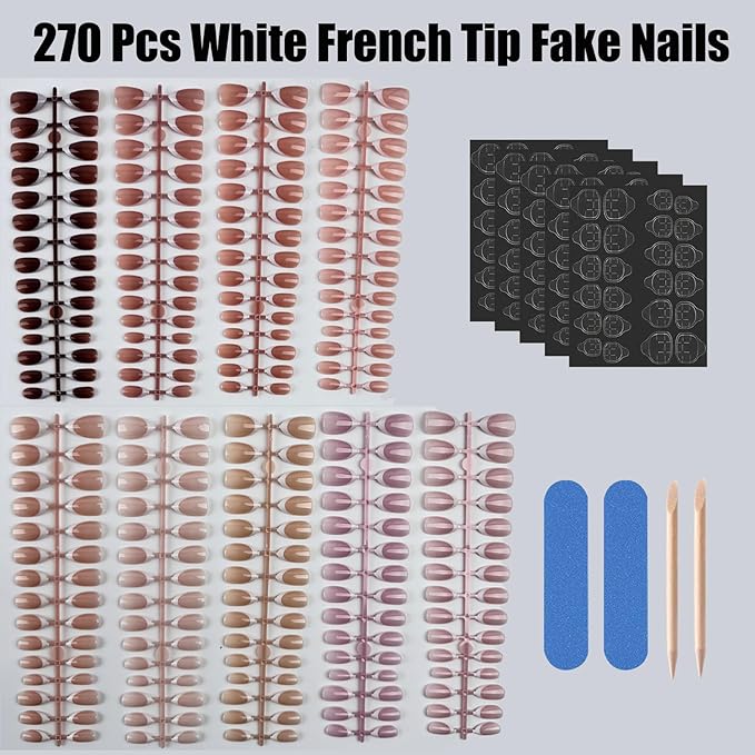 270 Pcs White French Tip Press on Nails Almond Fake Nails Nude Glossy Acrylic Glue On Nails Full Cover False Nail Tips Kit for Women DIY Nail Art Manicure 15 Size