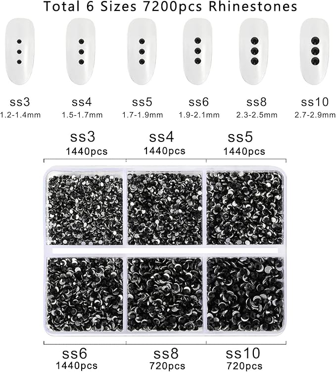 Beadsland 7200pcs Flatback Rhinestones,Black Rhinestone Nail Gems Round Crystal Rhinestones for Crafts,Mixed 6 Sizes with Wax Pencil Kit, SS3-SS10,Jet Black