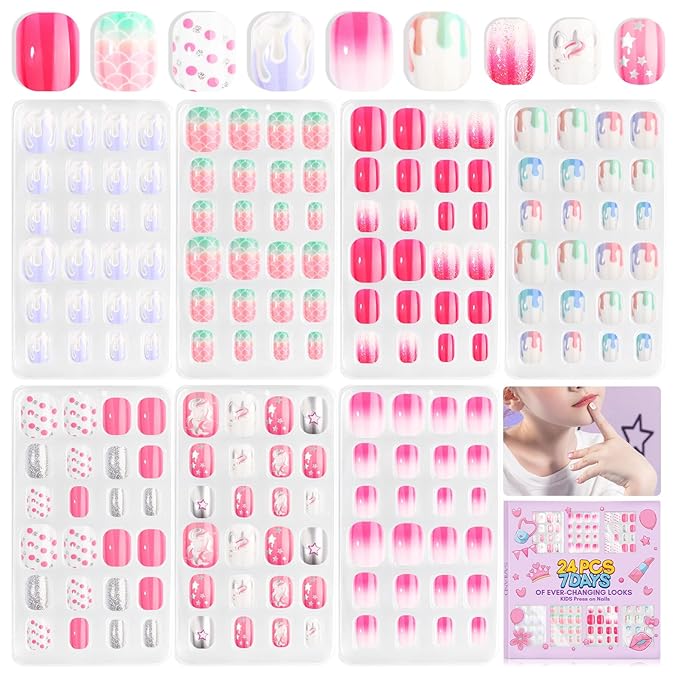 Saviland Kids Press on Nails - 168Pcs 7 Days Matching Press on Nails for Kids Full Cover Short False Nails Pre-glued Stickers for Colors & Patterns Nail Art Christmas Gifts for 8-12 Year Old Girls