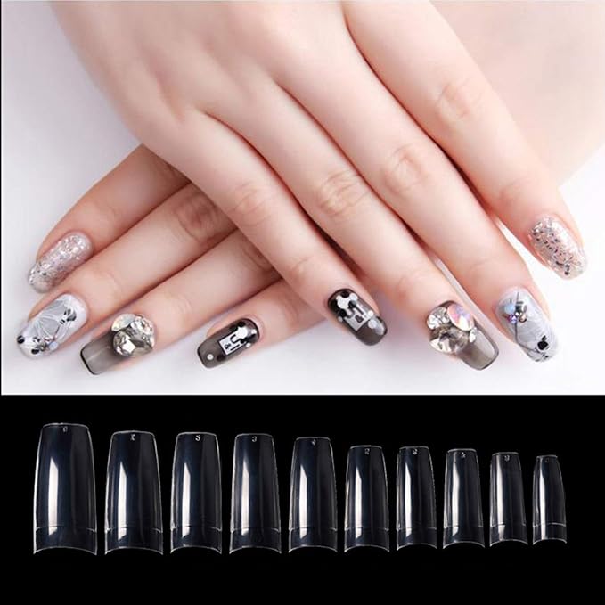Clear Nail Tips 500pcs French Acrylic Half Cover Fake Nails with Storage Case 10 Sizes Long False Nail for Lady Nail Salons and Home DIY Nail Art(French Half Cover)