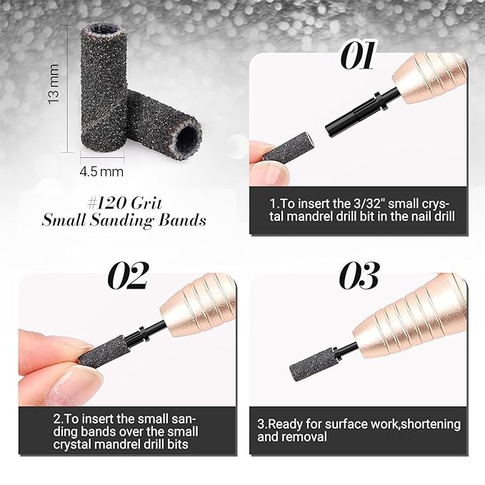 MelodySusie 120 Pcs Nail Drill Bits Small Sanding Bands for 3.1mm Mandrel Bit, 120 Medium Grit Nail File for Acrylic Nails Gel Manicures and Pedicure, Black (Only Sanding Bands)