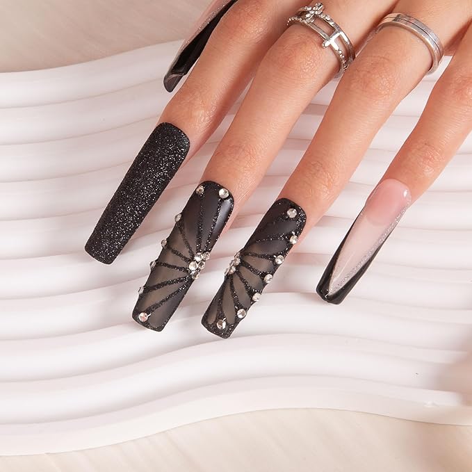 LOVFUL Press on Nails Dancing Spirit Black| Handmade with Full Covered Crystals| Reusable Fake Nails| Square Mid length 1.7in| H79-M