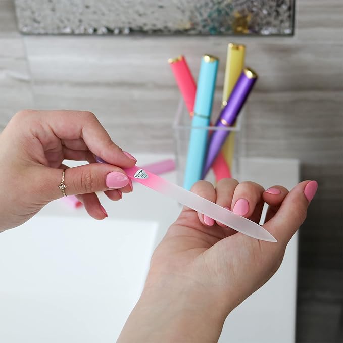 Bona Fide Beauty Czech Glass Nail File Set with Hard Cases, 5 Pack Reusable Crystal Etched Fingernail Files