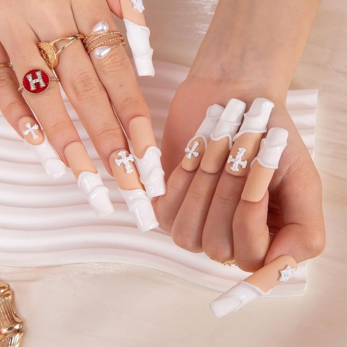LOVFUL Press on Nails Maze | Handmade with Full Covered Crystals | Reusable Full Cover Nails | Square Mid length 1.7 in | H272-S