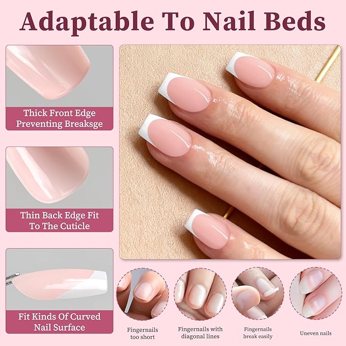 120PC White French Tip Press on Nails Short Fake Nails Press ons with 5*Adhesive Tabs, Pink Coffin Acrylic Nail Press on Nail French Tip Nails False Artificial Fingernails Stick on Nails-H