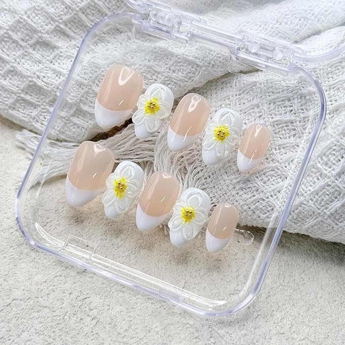 10 Pcs Luxury Handmade Nails with Glue, Almond Press on Nails Short French False Nails with 5D Flower Art Designs Handmade Nail Muti-Layer Gel Thick False Nails for Women(Size S)
