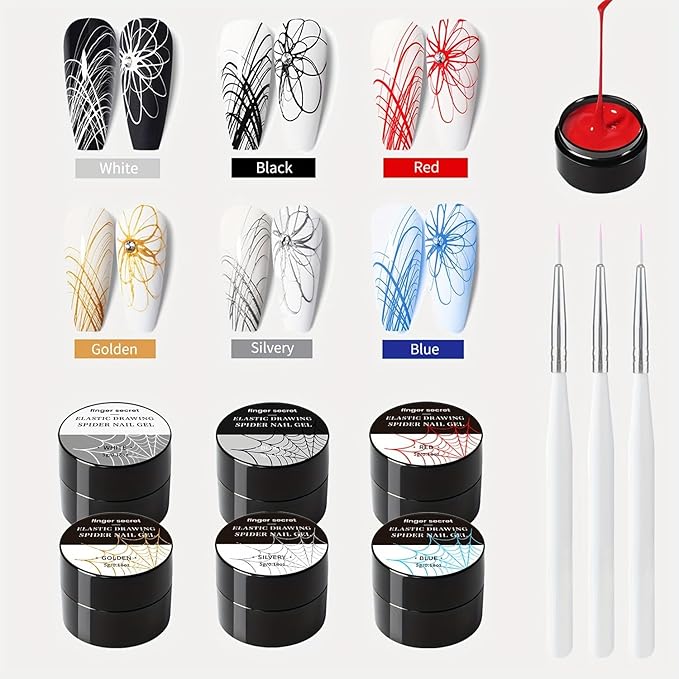 5g/0.18oz 6 Colors Spider Gel Kit for Nails, Spider Design for Art Wire Drawing Nail Gel for Line with Brushes for Nail Art