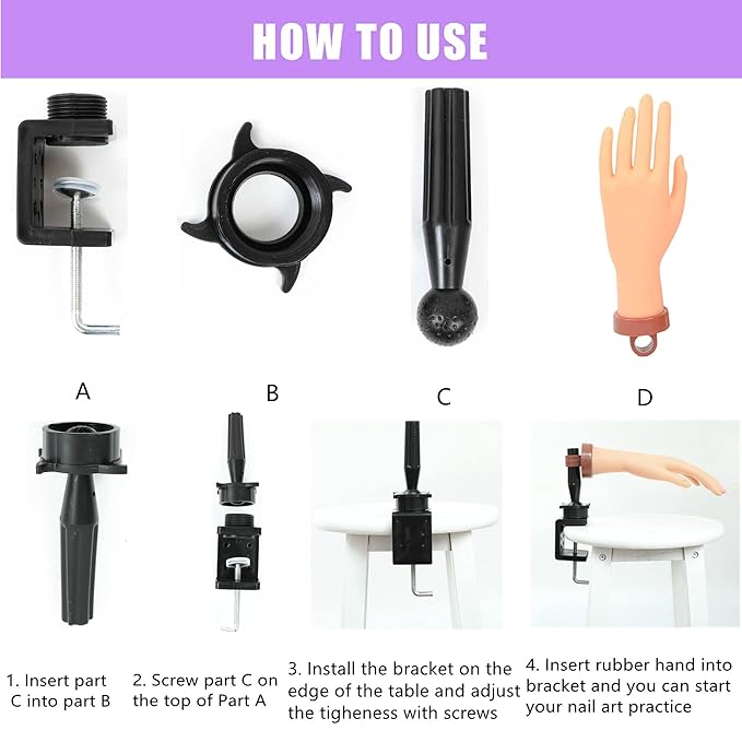 Practice Hand for Acrylic Nails, Professional Nail Practice Hand Fake Hand for Nail Practice Mannequin Hands for Nails Practice Nail Training Practice Hand for Acrylic Nail Kit(with Clamp Holder)