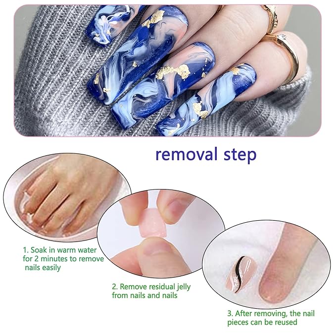 24 Pcs Long Press on Nails Coffin Fake Nails Press on Reusable Gel Stick on Nails for Women Glossy Acrylic False Nails Artificial Jelly Nails Blue Golden Smoke Lrregular Stripes