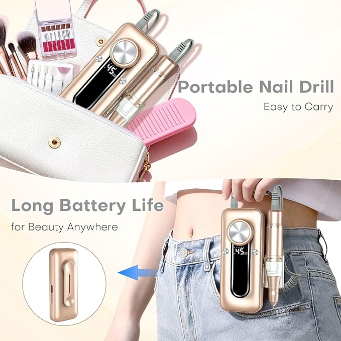 Nail Drill Electric Nail File Kit 45000 RPM Professional Efile Nail Set,Cordless Portable Rechargeable Acrylic Gel Nail Polish Remover Machine Pedicure Manicure Tool with for Salon Home Gold