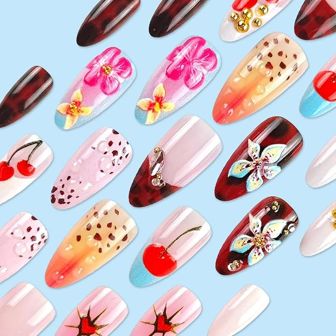 Handmade Press on Nails Medium Almond MABKJLF Fake Nails 3D False Nails with Flower Cherry Leopard Print Gold Ball Designs Glossy Glue on Nail Full Cover Acrylic Nails for Women Girls 24Pcs