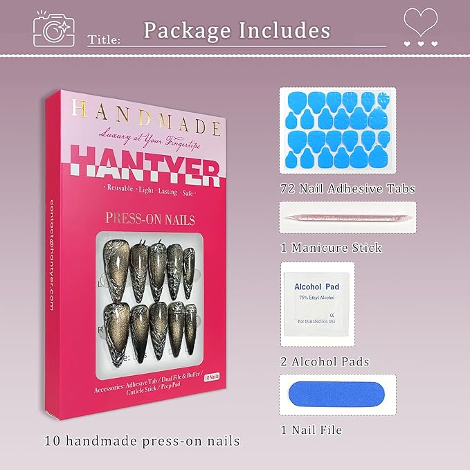 Black Cat Eye Press on Nails with Hand-Painted 3D Metallic Texture Lines, Long Stiletto Glossy Iced Punk Fake Nails, Reusable Edgy False Nails for Women Goth Party Special Occasion (Size M)