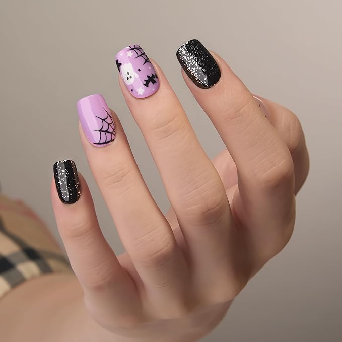 Curvlife Press on Nails Acrylic Halloween Fake Nails with Design Full Cover False Nails Reusable Nail Kit with Nail Glue AdhesiveTabs Artificial Glue on Nails