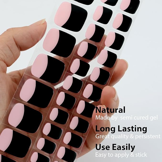 34 Pcs Semi Cured Gel Toe Nail Strips Black French Tip Gel Nail Stickers Full Cover Nails Wraps Self Adhesive Toe Nails Polish Strips Stickers for Women UV/LED Light Required