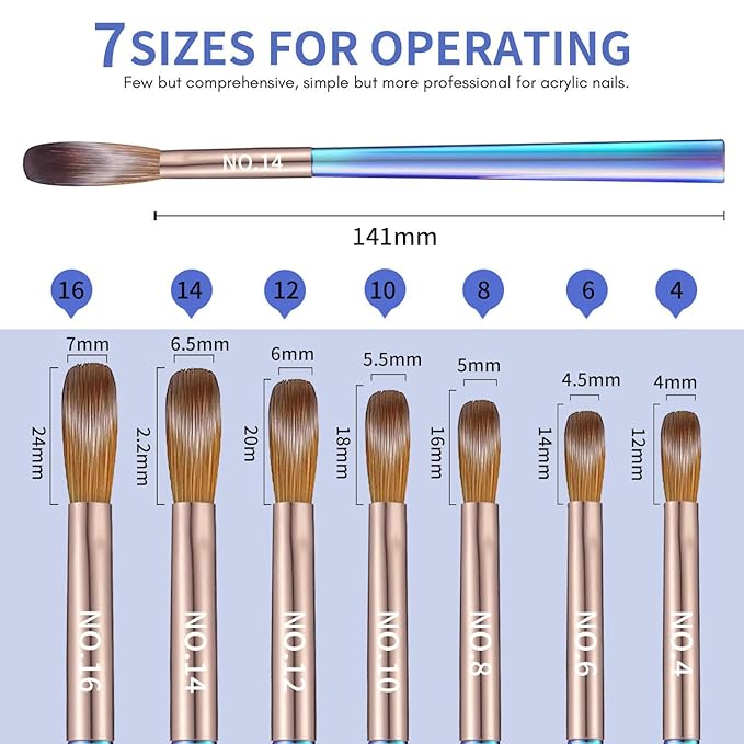 7Pcs Acrylic Nail Art Brush Set -Size 4/6/8/10/12/14/16,Gradient Blue Handle Nail Brushes for Acrylic Application Powder & Nail Extension, 3D Nail Carving Tools for DIY Home Salon