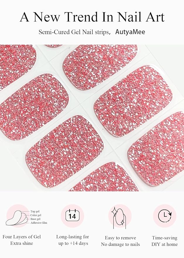 Semi Cured Gel Nail Strips (Pink Glitter), 20 Pcs Gel Nail Wraps, Stickers, UV Light Required, Salon Quality, Long Lasting