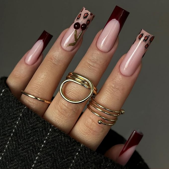 Long Press on Nails Square Fake Nails Red Acrylic Nail Press ons SEENEEY Cherry Leopard Stick on Nail for Women 24pcs