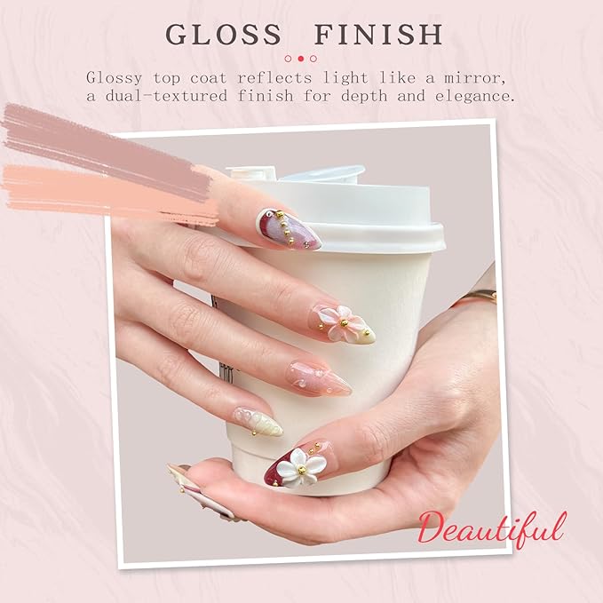 Luxury Press on Nails, Medium Almond 3D Handmade Nails, Reusable French Tip False Nails, Pink Flower Metal, Thick Acrylic ABS Nail Art (10PCS-M)