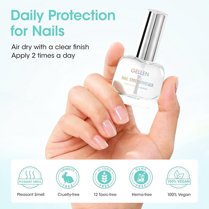 GELLEN Nail Strengthener, 8-In-1 Pro Care Strengthens & Protects Nails Growth Calcium Keratin Active Nourish Nail Repair Growth Treatment for Weak Nails, Air Dry Clear, Non-Polish, 15ml Unscented