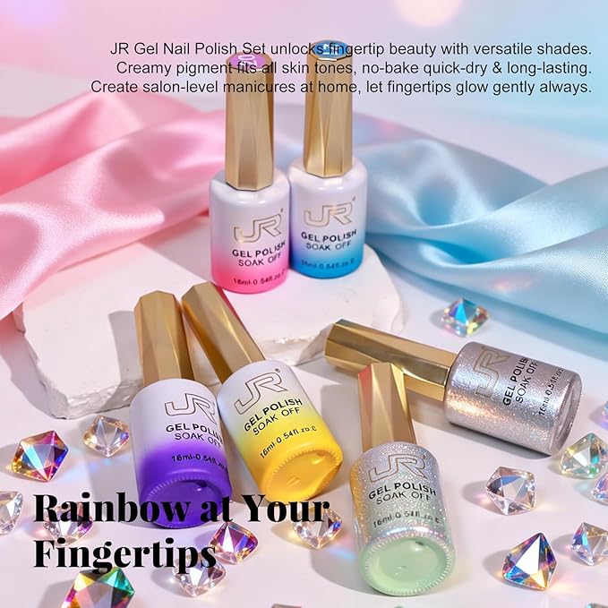 JR Jelly Gel Nail Polish Set, 16ml Full Size Bottle 6 Colors Jelly Yellow Blue Green Silver 9D Cateye Nail Gel Polish Gift Soak Off Led Nail Art Kit Salon DIY Colorful Bottle D