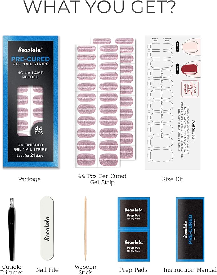 Real Gel Nail Strips (No UV Light Needed) - 44Pcs Salon Quality Nail Stickers - Long Lasting Polish Wraps for Women, Easy Apply & Remove (Line Glitter Pink)
