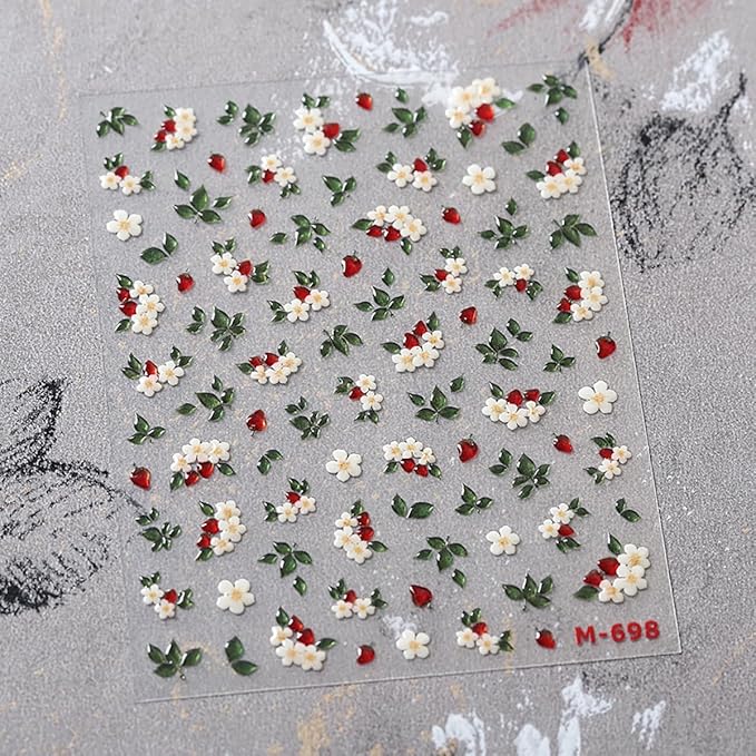 1 Sheets White Flower Nail Stickers for Nail Art Spring Flowers Nail Art Stickers 5d Embossed Floral Nail Decals Self-Adhesive Green Leaf Nail Designs Supplies for Women Girls Manicure Decor