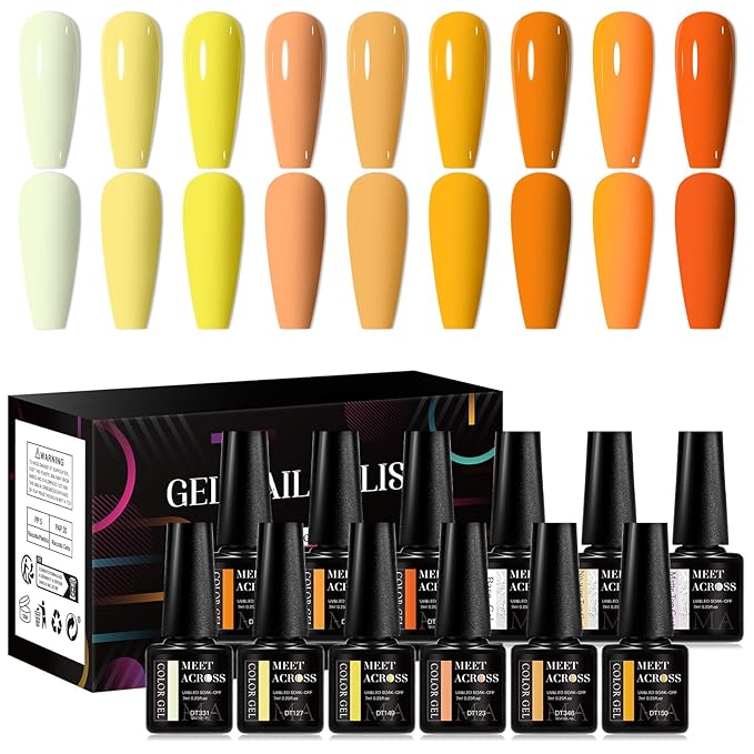 MEET ACROSS 12pcs Gel Nail Polish Set,Soak Off UV LED Lamp Gel Nail Polish Kit,Fashion Shimmer Nail Art Design Gifts for Women Manicure Salon (Yellow)