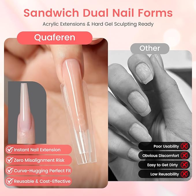 Sandwich Dual Nail Forms: 240PCS Nail Forms for Builder Gel, 15 Sizes Long Coffin Shape for Women Salon Home DIY
