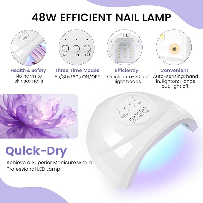 Phoenixy 66Pcs Gel Nail Polish Kit with U V Light, 50 Colors Gel Nail Kit Pink White Burgundy Glitter 5Pcs Base Top Coat Valentine DIY Manicure Starter Set for Beginners Gift for Women