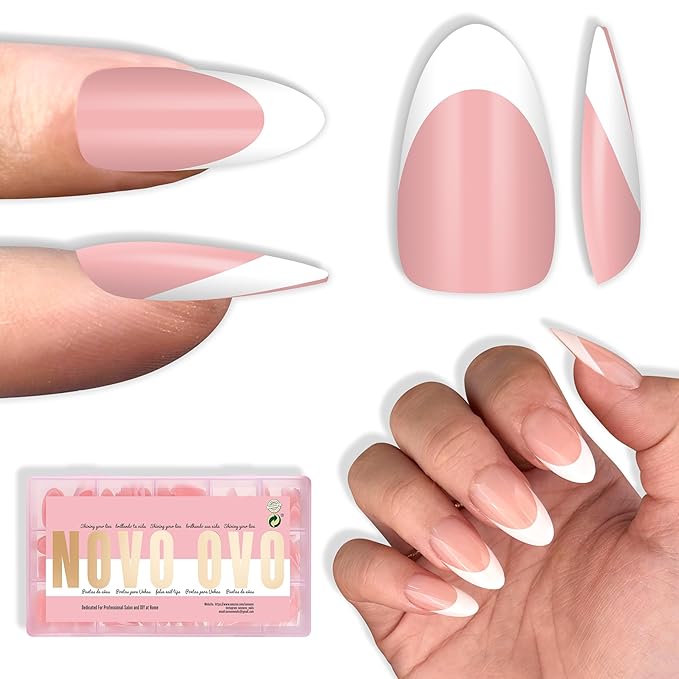 NOVO OVO White French Tip Almond Nail Tips Press on BABY PINK, Extra Thick Medium Soft Gel Fake Nail Acrylic Extension, Need Builder Gel Top Coat, No Glue Included, for Salon DIY x 15 Sizes 240 pcs