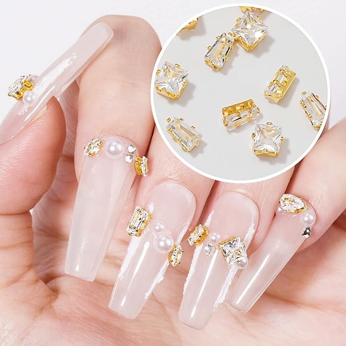 HNUIX 3D Nail Charms and Gems - 120Pcs Copper Metal Zircon, Gold Multiple Shape Smal Crystals Rhinestones, Nail Decorations Accessories for Nails Design