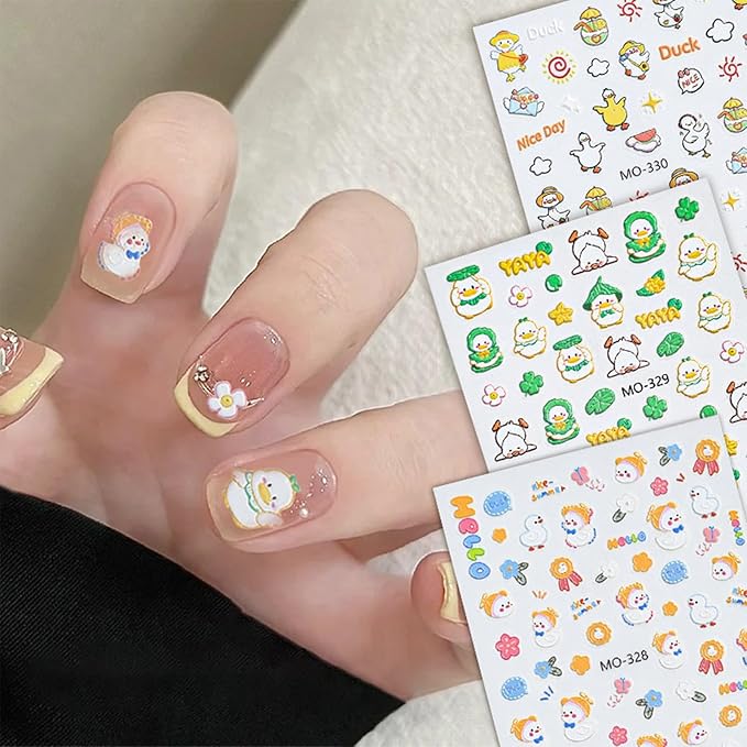 3 Sheets Duck Nail Stickers for Nail Art Cute Duck Designs 3D Self Adhesive Nail Decals for Women DIY Manicure Decoration YX1233