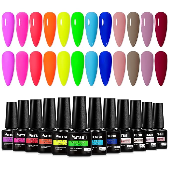 MTSSII Rubber Base Gel for Nails of 12 Colors Neon Orange Green Blue Yellow Rose Red Builder Base Gel Nude Purple Gel Nail Kit Popular Nail Art DIY Manicure Gifts DIY Salon