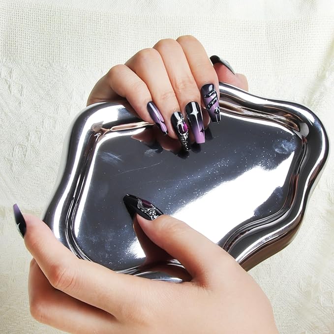 3D Gothic Black Starry Snake Motif 30pcs Medium Square Nails, Colorful Full Cover Artificial Stick on Nails Kit