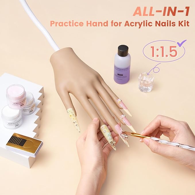 Practice Hand for Acrylic Nails Kit: Fake Silicone Hands Nail Mannequin Hand for Nail Extensions Caving - Flexible Manicure Hand Set for Beginner Salon Home