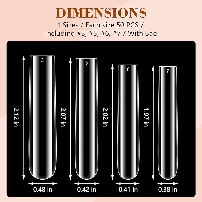 Clear Tapered Square Refill Nail Tips, XXXL Extra Long Straight Gel Acrylic Nail Tips, 200Pcs（Fixed Size No. 3.5.6.7 With Bag）Full Cover No C Curve Fake Nails Extension Tips for DIY Nail Art Salon