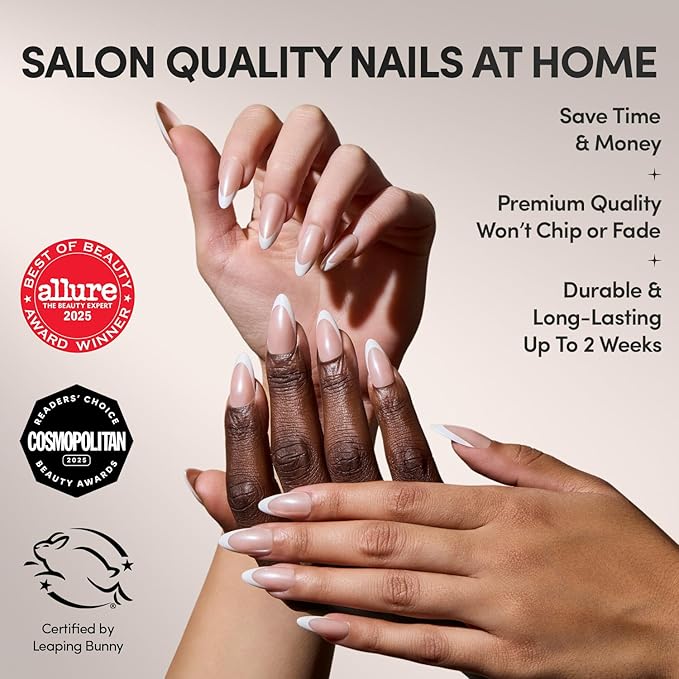 Glamnetic Press On Nails - Mother Pearl | Medium Almond White French Tip Fake Nails, Salon Quality French Manicure | 15 Sizes - 30 Nail Kit with Glue