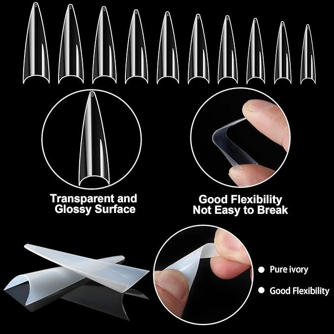 FEBSNOW 1000PCS Long Stiletto Nail Tips Acrylic Nails Artificial Half False Flake Nail Tips 10sizes with Clear Plastic Cases for Nail Salon Nail Shop Diy Nail Art Ballerina Nails (Clear+Natural)