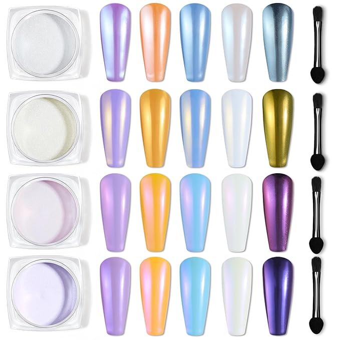 Beetles Pearl Chrome Nail Powder 4 Colors Metallic Mirror Effect Pigment Iridescent Aurora Mermaid Silver Pink Powder Kit for Gel Polish Nail Art Decoration Nail Trend DIY