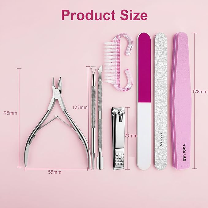 8PCS Stainless Steel Cuticle Nippers & Remover, Nail Clippers Set, Precision Sharp Blades Manicure Pedicure Tools for Home Salon Travel, Complete Nail Care Kit for Women, Pink