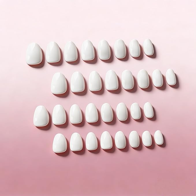 KQueenest Press On Nails Short - White Press On Nails Oval, 32 Pcs 16 Sizes Natural Short Fake Nails Press ons Almond, Reusable Opaque Glossy Milky Glue on Nail with Glue for Everyday Office Wear