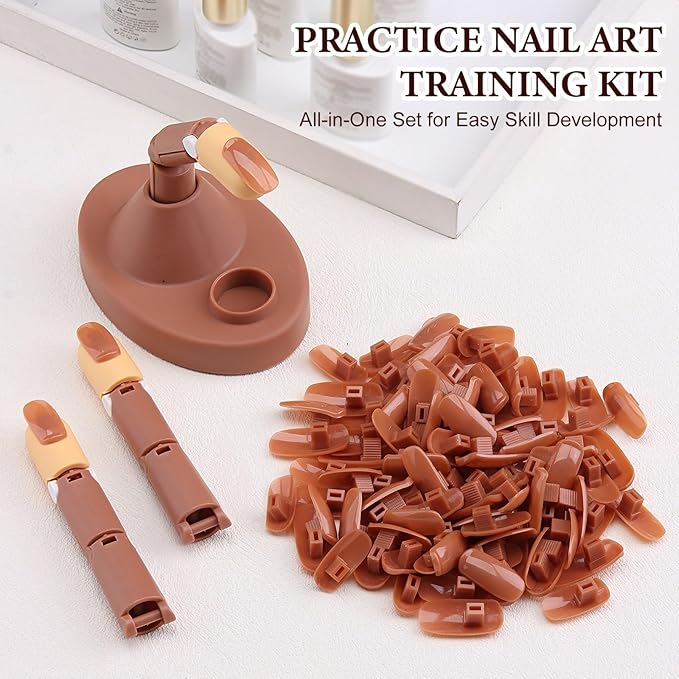 Practice Fingers for Acrylic Nails Adjustable Removable Fingernail Training Set with 1 Base Stand, 3 Fake Fingers, 100 Brown Nail Tips for Nail Beginners Manicure Art Practicing