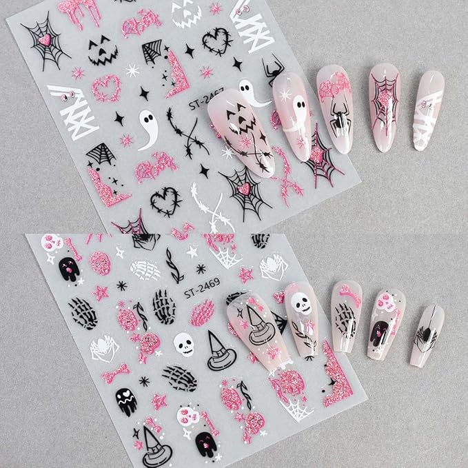 8 Sheets Halloween Nail Stickers Pumpkin Spider Web Nail Art Stickers with Pink Glitter Design Ghost Bat Nail Decals 3D Self Adhesive Sticker for Nails,Halloween DIY Manicure Decor for Women Girls