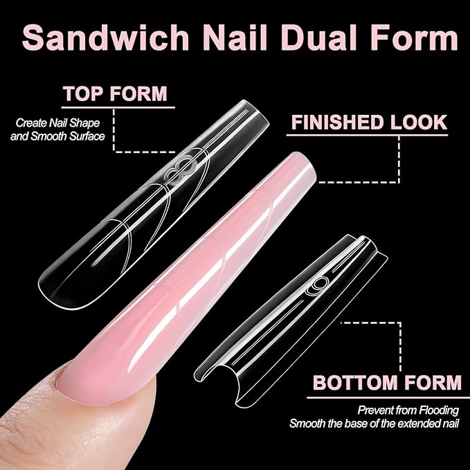 Allstarry Sandwich Dual Nail Forms, Reusable Sandwich Dual Forms 240pcs 15 Sizes Long Coffin Nail Extensions Plastic Poly Gel Nails Forms for Builder Gel No Paper Forms Needed Moldes Dual Nails Molds