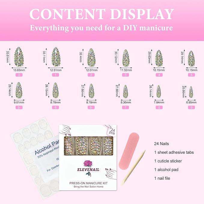 Handmade Press on Nails Full Cover Luxurious 3D Crystal False Nails Super Extra Long Stiletto Diamonds Art Decoration Fake Nails Manicure Kit Nail Art Tips Gift for Women Girls Wedding Party